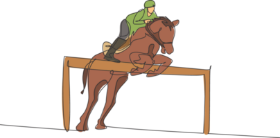 un Célibataire ligne dessin de Jeune cheval cavalier homme performant dressage sauter le barrière tester illustration graphique. équestre sport spectacle compétition concept. moderne continu ligne dessiner conception png