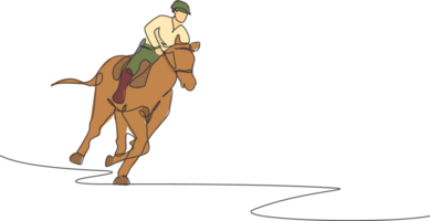 soltero continuo línea dibujo de joven profesional lado de caballo jinete corriendo con un caballo alrededor el establos. ecuestre deporte formación proceso concepto. de moda uno línea dibujar diseño ilustración png