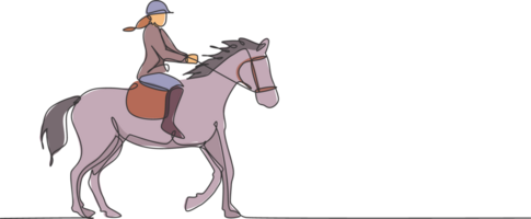 single doorlopend lijn tekening van jong professioneel te paard rijder wandelen met een paard in de omgeving van de stallen. ruiter sport opleiding werkwijze concept. modieus een lijn trek ontwerp illustratie png