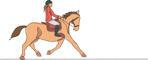 ett kontinuerlig linje teckning av ung häst ryttare kvinna i handling. häst- springa Träning på tävlings Spår. ryttare sport konkurrens begrepp. dynamisk enda linje dra design grafisk illustration png