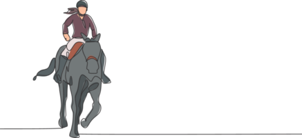 uno soltero línea dibujo de joven caballo jinete mujer ejecutando entrenamiento de caballos prueba gráfico ilustración. ecuestre deporte espectáculo competencia concepto. moderno continuo línea dibujar diseño png