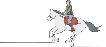 singolo continuo linea disegno di giovane professionale groppa ciclista in esecuzione con un' cavallo in giro il stalle. equestre sport formazione processi concetto. di moda uno linea disegnare design illustrazione png