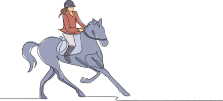 One continuous line drawing of young horse rider woman in action. Equine run training at racing track. Equestrian sport competition concept. Dynamic single line draw design illustration graphic png