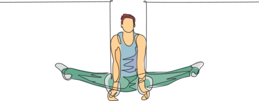 uno soltero línea dibujo de joven hermoso gimnasta hombre hacer ejercicio estable anillos gráfico ilustración. sano estilo de vida y atlético deporte concepto. moderno continuo línea dibujar diseño png