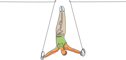 un continu ligne dessin de Jeune homme exercice stable anneaux à gymnastique. gymnaste athlète dans collant. en bonne santé sport et actif concept. dynamique Célibataire ligne dessiner conception illustration graphique png