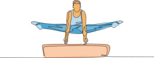 uno continuo linea disegno di giovane uomo esercizio pomo cavallo a ginnastica. ginnasta atleta nel body. salutare sport e attivo concetto. dinamico singolo linea disegnare grafico design illustrazione png