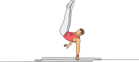 un continu ligne dessin Jeune homme exercice parallèle bars à gymnastique. gymnaste athlète dans collant. en bonne santé sport et actif concept. dynamique Célibataire ligne dessiner conception illustration graphique png