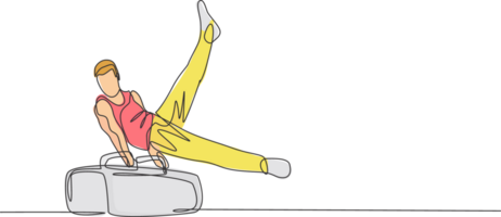 One single line drawing of young handsome gymnast man exercising pommel horse graphic illustration. Healthy lifestyle and athletic sport concept. Modern continuous line draw design png