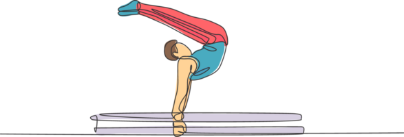 een single lijn tekening van jong knap gymnast Mens oefenen parallel bars grafisch illustratie. gezond levensstijl en atletisch sport concept. modern doorlopend lijn trek ontwerp png