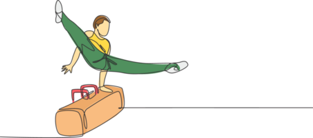 een doorlopend lijn tekening van jong Mens oefenen pommel paard Bij gymnastiek. gymnast atleet in turnpakje. gezond sport en actief concept. dynamisch single lijn trek ontwerp grafisch illustratie png