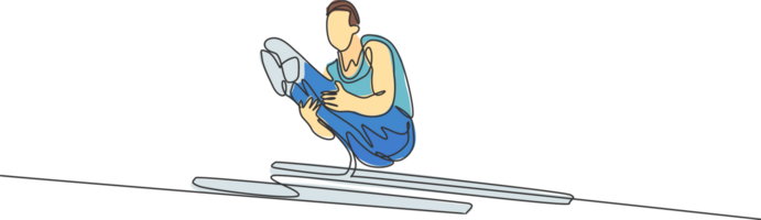 soltero continuo línea dibujo joven hermoso profesional gimnasta hombre realizar acrobático movimiento. paralelo barras formación y extensión concepto. de moda uno línea dibujar diseño ilustración gráfico png