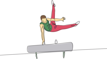 enda kontinuerlig linje teckning ung stilig professionell gymnast man prestera akrobatisk rörelse. pommel häst Träning och stretching begrepp. trendig ett linje dra design grafisk illustration png