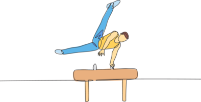 One continuous line drawing of young man exercising pommel horse at gymnastic. Gymnast athlete in leotard. Healthy sport and active concept. Dynamic single line draw design illustration graphic png