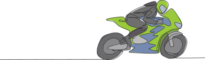 einer Single Linie Zeichnung von jung moto Rennfahrer trainieren zu verbessern Geschwindigkeit Fahrrad beim Schaltkreis Illustration. Superbike Rennen Konzept. modern kontinuierlich Linie zeichnen Design zum Motor- Rennfahrer Veranstaltung Banner png