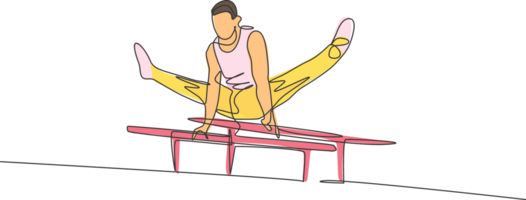 single doorlopend lijn tekening jong knap professioneel gymnast Mens uitvoeren acrobatisch beweging. parallel bars opleiding en uitrekken concept. modieus een lijn trek ontwerp grafisch illustratie png
