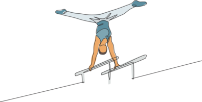 One single line drawing of young handsome gymnast man exercising parallel bars graphic illustration. Healthy lifestyle and athletic sport concept. Modern continuous line draw design png