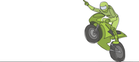 einer kontinuierlich Linie Zeichnung von jung moto Rennfahrer feiern Sieg mit erziehen seine Hand. Super Fahrrad Rennen Konzept Illustration. dynamisch Single Linie zeichnen Design zum Motorrad Rennen Beförderung Poster png