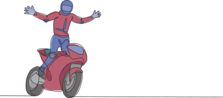 uno singolo linea disegno di giovane moto motociclista Aperto su il suo mani per celebrare il suo vincente illustrazione. superbike da corsa concetto. moderno continuo linea disegnare design per il motore corridore evento bandiera png