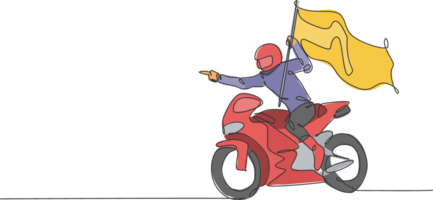 enda kontinuerlig linje teckning av ung super racer Vinka en flagga till fira vinnande. lopp turnering begrepp. trendig ett linje dra design illustration för motorcykel lopp befordran media png