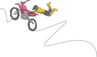 solteiro contínuo linha desenhando do jovem motocross cavaleiro acrobático vôo com dele bicicleta. extremo esporte raça conceito ilustração. na moda 1 linha desenhar Projeto para motocross evento promoção meios de comunicação png