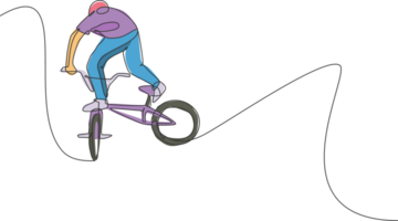 single doorlopend lijn tekening van jong bmx fiets rijder tonen vliegend in de lucht truc in skatepark. bmx vrije stijl concept. een lijn trek ontwerp illustratie voor vrije stijl Promotie kunst media png