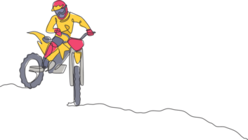 Single kontinuierlich Linie Zeichnung von jung Moto-Cross Fahrer Nieder das Hügel beim voll Geschwindigkeit. extrem Sport Rennen Konzept Kunst Illustration. modisch einer Linie zeichnen Design zum Moto-Cross Veranstaltung Beförderung Medien png