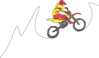 One continuous line drawing of young motocross rider jumping fly high into the air. Extreme sport concept. Dynamic single line draw design graphic illustration for motocross competition poster png