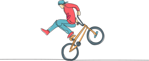 singolo continuo linea disegno di giovane bmx ciclo ciclista mostrare estremo rischioso trucco nel Skate park. bmx freestyle concetto. di moda uno linea disegnare design illustrazione per freestyle promozione media png