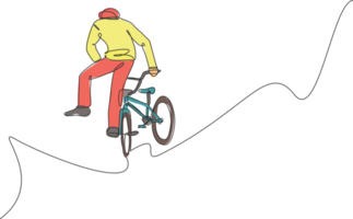 einer kontinuierlich Linie Zeichnung von jung bmx Fahrrad Fahrer durchführen Springen in das Luft Trick beim Skatepark. extrem Sport Konzept Illustration. Single Linie zeichnen Design zum Veranstaltung Beförderung Poster png