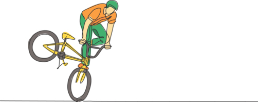 One continuous line drawing of young BMX bicycle rider performing dangerous trick at skatepark. Extreme sport concept illustration. Dynamic single line draw design for event promotion poster png