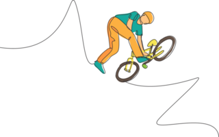 One single line drawing of young bmx bicycle rider do flying on the air trick at street illustration. Extreme sport concept. Modern continuous line draw design for freestyle competition banner png