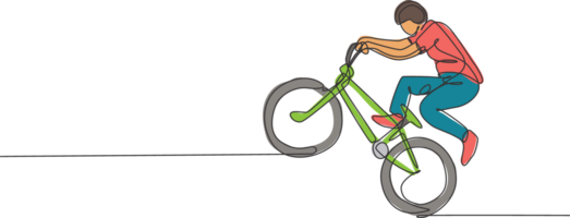 singolo continuo linea disegno di giovane bmx ciclo ciclista mostrare estremo rischioso trucco nel Skate park. bmx freestyle concetto. di moda uno linea disegnare design illustrazione per freestyle promozione media png