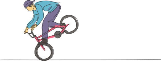 Single continuous line drawing of young BMX cycle rider show extreme risky trick in skatepark. BMX freestyle concept. Trendy one line draw design illustration for freestyle promotion media png