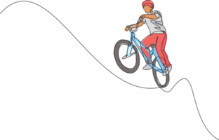 enda kontinuerlig linje teckning av ung bmx cykel ryttare visa flygande på de luft lura i skatepark. bmx freestyle begrepp. trendig ett linje dra design illustration för freestyle befordran media png