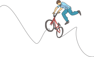 Single kontinuierlich Linie Zeichnung von jung bmx Zyklus Fahrer Show Springen in das Luft Trick im Skatepark. bmx Freistil Konzept. einer Linie zeichnen Design Illustration zum Freistil Beförderung Medien png