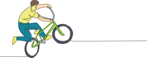 een single lijn tekening van jong bmx fiets rijder het uitvoeren van vrije stijl truc Aan straat illustratie. extreem sport concept. modern doorlopend lijn trek ontwerp voor vrije stijl wedstrijd banier png