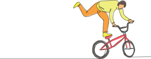 een single lijn tekening van jong bmx fiets rijder het uitvoeren van vrije stijl truc Aan straat illustratie. extreem sport concept. modern doorlopend lijn trek ontwerp voor vrije stijl wedstrijd banier png