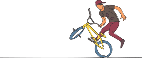 einer Single Linie Zeichnung von jung bmx Fahrrad Fahrer durchführen Freistil Trick auf Straße Illustration. extrem Sport Konzept. modern kontinuierlich Linie zeichnen Design zum Freistil Wettbewerb Banner png