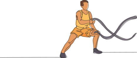 un Célibataire ligne dessin de Jeune énergique homme exercice sur bataille corde à train endurance dans Gym aptitude centre illustration. en bonne santé mode de vie sport concept. moderne continu ligne dessiner conception png