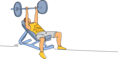 Single continuous line drawing of young sportive man training lift barbell on bench press in sport gymnasium club center. Fitness stretching concept. Trendy one line draw design illustration png