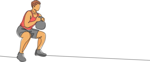 Célibataire continu ligne dessin de Jeune sportif homme formation avec kettlebell dans sport gymnase club centre. aptitude élongation concept. branché un ligne dessiner conception illustration graphique png