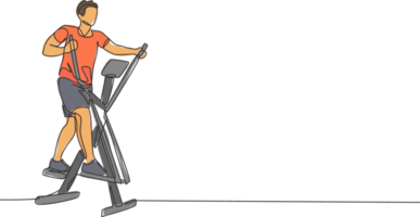 One continuous line drawing of young sporty man working out with elliptical cross in fitness gym club center. Healthy fitness sport concept. Dynamic single line draw graphic design illustration png