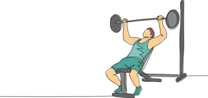 Single continuous line drawing of young sportive man training lifting barbell on bench press in sport gymnasium club center. Fitness stretching concept. Trendy one line draw design illustration png