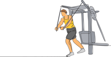 un continu ligne dessin de Jeune sportif homme travail en dehors avec croisement câble machine dans aptitude Gym club centre. en bonne santé aptitude sport concept. dynamique Célibataire ligne dessiner conception illustration png