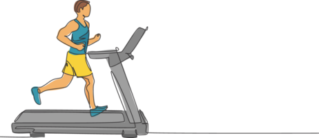 Single continuous line drawing of young sportive man training speed run with treadmill in sport gymnasium club center. Fitness stretching concept. Trendy one line draw design illustration png