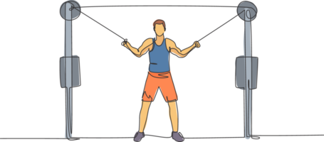 einer Single Linie Zeichnung von jung energisch Mann Übung mit Kreuz Über Kabel im Fitnessstudio Fitness Center Illustration Grafik. gesund Lebensstil Sport Konzept. modern kontinuierlich Linie zeichnen Design png