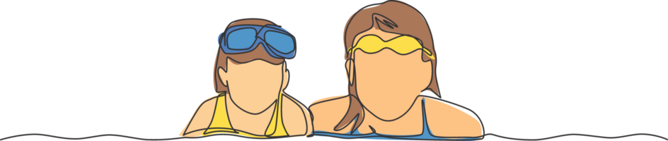 One single line drawing happy mom and daughter play and swim together in indoor pool sport center illustration. Summer holidays and vacation concept. Modern continuous line draw design graphic png