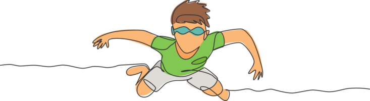 einer Single Linie Zeichnung von jung Junge trainieren schwebend im Schwimmen Schwimmbad tragen Goggle Brille Grafik Illustration. Sommer- Ferien und Ferien Konzept. modern kontinuierlich Linie zeichnen Design png