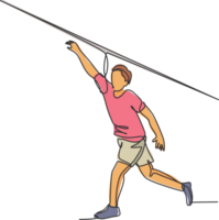 uno soltero línea dibujo de joven energético hombre ejercicio largo lanzamiento jabalina con poder gráfico ilustración. sano estilo de vida atlético deporte concepto. moderno continuo línea dibujar diseño png