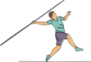 ett kontinuerlig linje teckning av ung sportig man övning till springa hållning innan kasta spjut på de fält. atletisk spel. olympic sport begrepp. dynamisk enda linje dra design illustration png